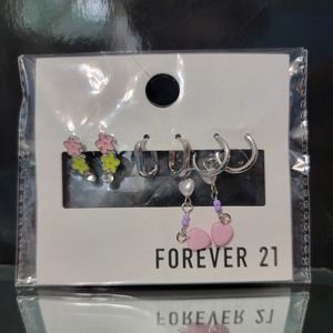 Forever 21 | Silver | Earrings | Pink and Green | Flowers | Hearts